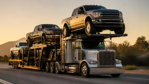 Open car carrier loaded with lifted pickup trucks at sunset